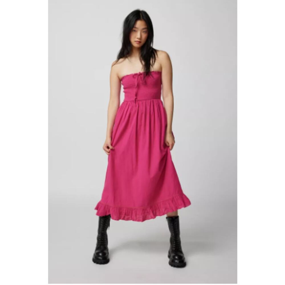 Urban Outfitters Penny Smocked Midi Dress Strapless Dark Pink Ruffle Cotton M‎
